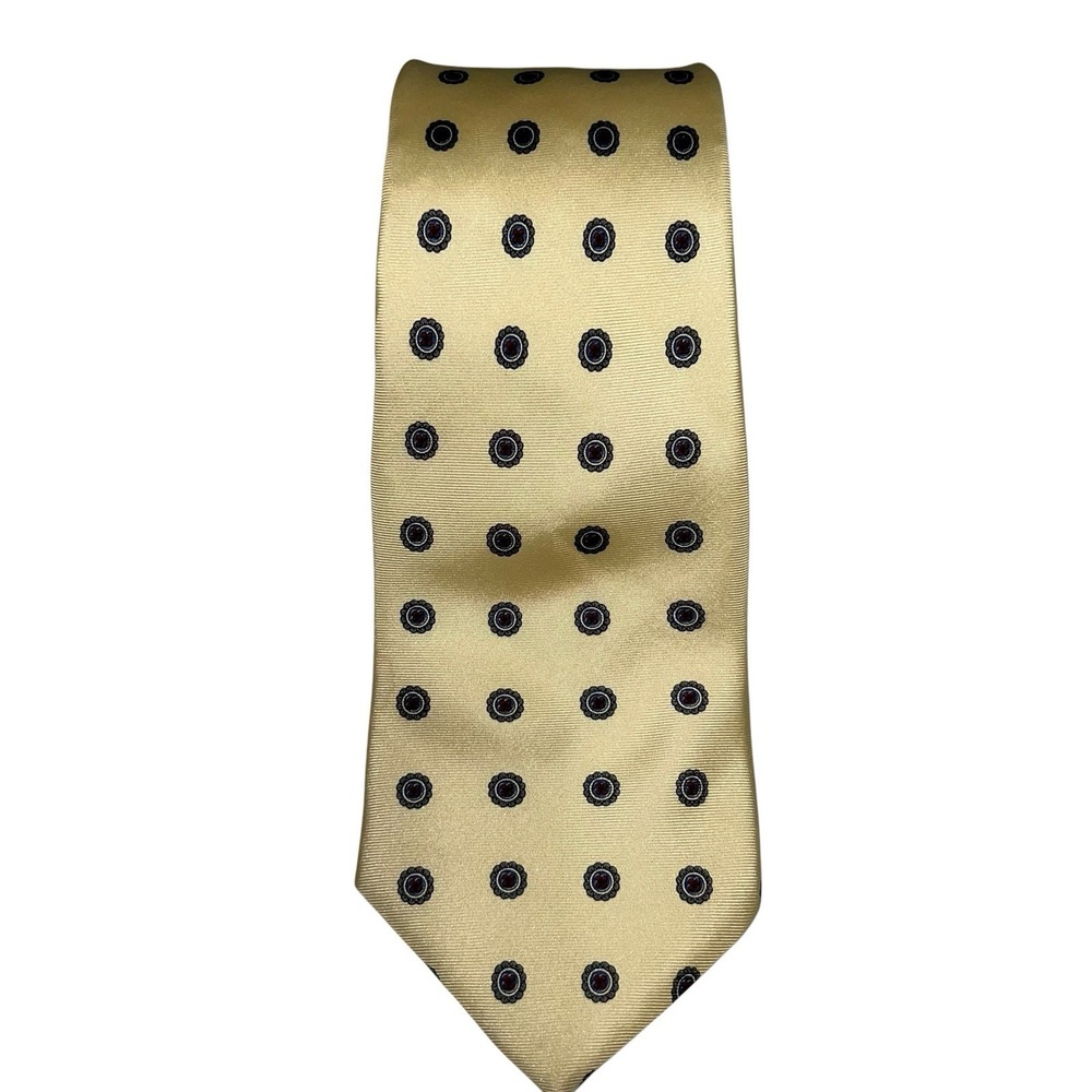 Christian Dior Silk Tie Mens Yellow Gold Black Geometric‎ Medallion Vintage 80s